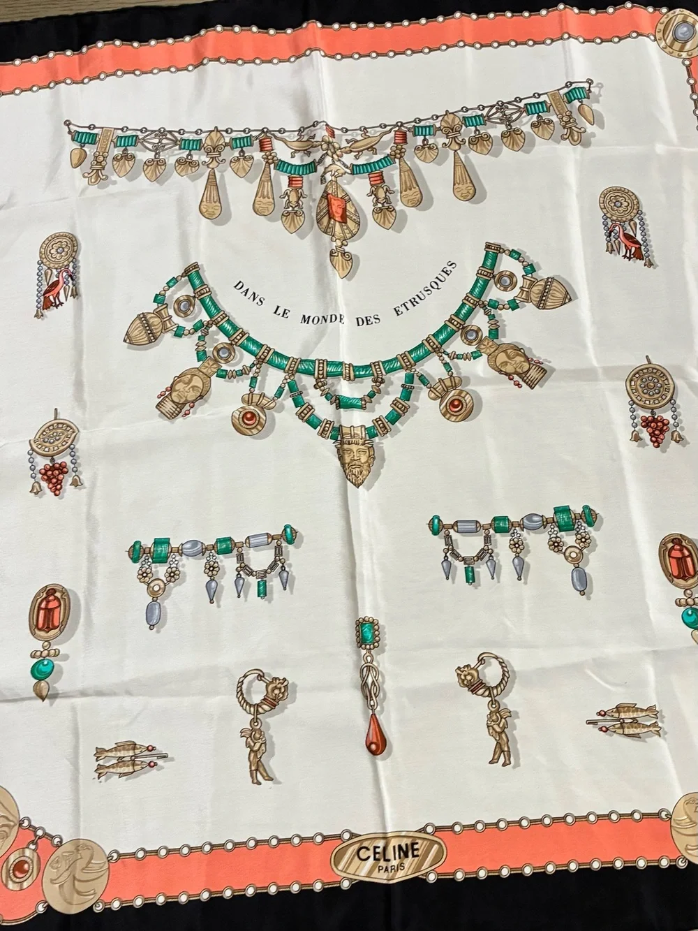 Celine Ivory Silk Scarf with Coral and Green Jewelry Motif